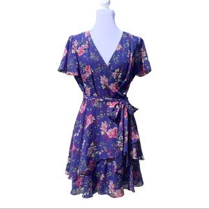 Tahari ASL dress faux wrap tiered chiffon layered skirt purple Sz M